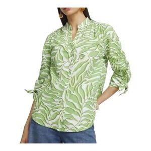 Chico's Green Tropical Leaf Print Button Front Tunic Ruched Tie Sleeve Size 4/20